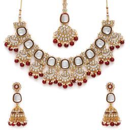 Peora Gold Plated Kundan & Maroon Beads Studded Necklace Set-image-23