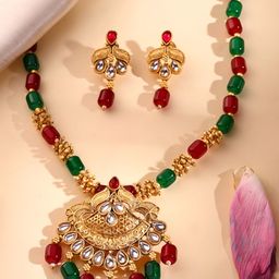 ADIVA Gold-Plated Kundan-Studded & Beaded Jewellery Set-image-7