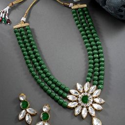 Peora Gold-Plated & Green Crystal Studded Jewellery Set-image-60
