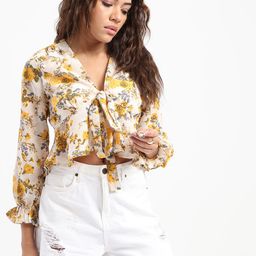 SZN Floral Printed Tie-Up Neck Puff Sleeve Georgette Crop Top-9