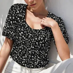 RARE Black Abstract Printed Puff Sleeve Crepe Crop Top-picture-47