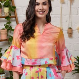 Zima Leto Tie and Dye Notch Neck Bell Sleeves Crop Top-image-21