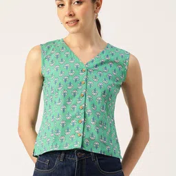 Molcha Ethnic Printed Front Open Pure Cotton Top-image-23