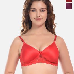 FIMS Purple & Red Pack of 3 Cotton Lightly Padded Bra-image-68