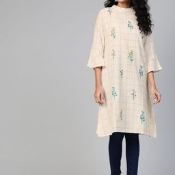 Indo Era Women Off-White & Green Checked A-Line Kurta-image-85