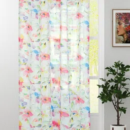 HOMADORN White & Pink Floral Printed Sheer Door Curtain-image-71