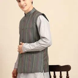 Anouk Men Grey  Solid Straight Sustainable Kurta Pyjamas & Woven Nehru Jacket-image-99