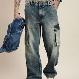 HERE&NOW Men Relaxed Cargo Pure Cotton Heavy Fade Jeans-image-9