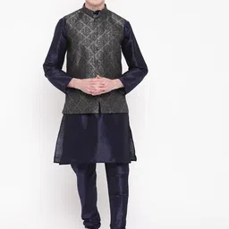 MAG Men Navy Blue & Charcoal Grey Solid Kurta with Churidar & Nehru Jacket-12