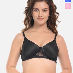 FIMS Blue & Black Pack of 3 Cotton Solid Lightly Padded Bra-picture-13