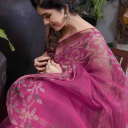 MIRCHI FASHION Pink & White Floral Printed Zari Saree-14