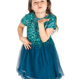 Cherry Crumble Girls Green Embellished Fit and Flare Dress-22
