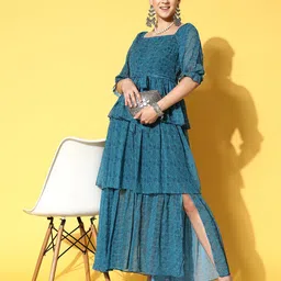 Inddus Teal Georgette Maxi Dress-image-1
