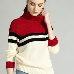 The Roadster Lifestyle Co Women Cream-Coloured & Red Colourblocked Sweater-picture-29