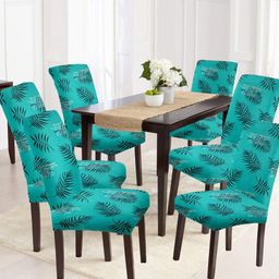 Cortina Set Of 6 Teal Blue & Black Printed Chair Covers-11