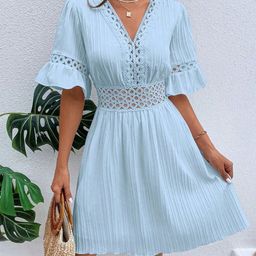 HERE&NOW Women Self Design Bell Sleeve Fit & Flare Dress-image-14