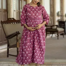 Nayo Ethnic Printed Cotton Maternity A-Line Midi Dress-46
