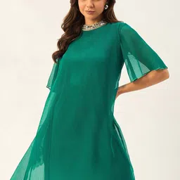 DRAPE AND DAZZLE Round Neck Flared Sleeve A-Line Dress-image-87