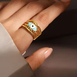 Rubans 18K Gold Plated Blue Enamel Evil Eye Openable Adjustable Statement Ring-49