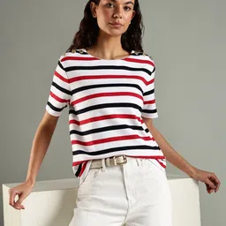 Tommy Hilfiger Women Striped Round Neck Cotton T-shirt-image-61