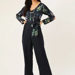 Antheaa Women Navy Blue & Green Floral Printed Basic Jumpsuit-image-5