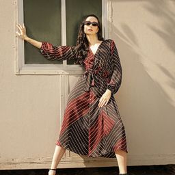 MANGO Maroon & Brown Striped Wrap Maxi Dress with Belt-image-26