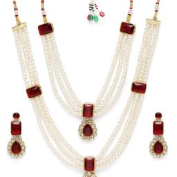 Peora Gold Plated Maroon Kundan Pearl Long Necklace & Earrings Jewellery Set-image-52