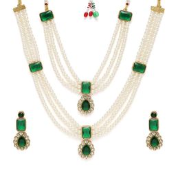 Peora Gold Plated Green Kundan Pearl Long Necklace & Earrings Jewellery Set-image-50