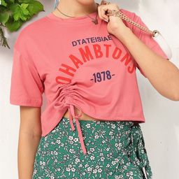 DressBerry Basic Bee Printed Ruched Drop-Sleeves Top-image-24