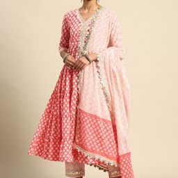 anayna Women Pink & White Ethnic Motifs Printed Pure Cotton Kurta with Trousers & Dupatta-23