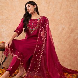 Indo Era Embroidered A-Line Kurta With Trousers & Dupatta-21