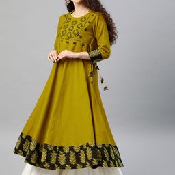 YASH GALLERY Women Mustard Yellow & Black Yoke Design A-Line Kurta-48