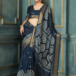 KALINI Ethnic Motifs Zari Silk Blend Block Print Saree-picture-42