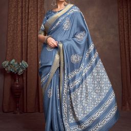 KALINI Ethnic Motifs Zari Silk Blend Block Print Saree-picture-17