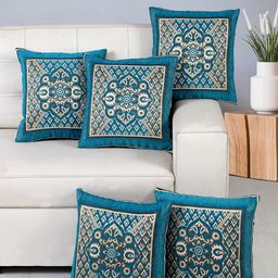 Nendle Blue & Beige 5 Pcs Floral Square Cushion Covers-40