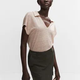 MANGO Pure Linen Polo Collar Extended Sleeves T-shirt-image-34
