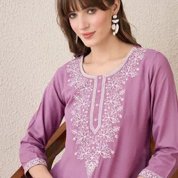Indo Era Floral Embroidered Thread Work Straight Kurta-48