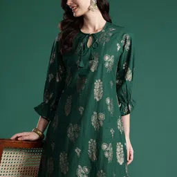 Sangria Floral Print Pure Cotton Tie-Up Neck A-Line Kurta-24