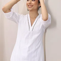 Libas White Striped Woven Design V-Neck Straight Kurta-40