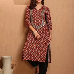 Sangria Floral Printed V-Neck Sequinned Straight Kurta-image-27