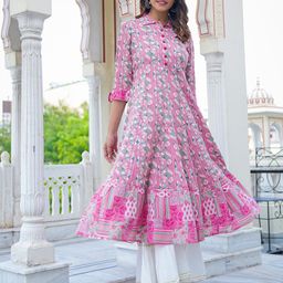 KALINI Women Floral Striped Mirror Work Anarkali Kurta-image-44
