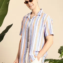 Mast & Harbour Men Striped Cuban Collar Relaxed Fit Casual Shirt-picture-27