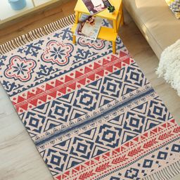 URBAN SPACE Cream & Blue Bohemian Printed Cotton Rugs-11