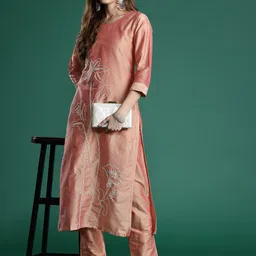 Indo Era Floral Embroidered Thread Work Kurta with Trousers-picture-32