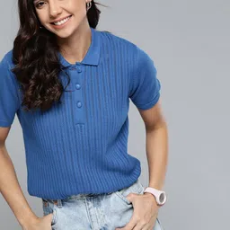 Mast & Harbour Women Blue Self-Design Pure Cotton Polo Collar T-shirt-picture-21