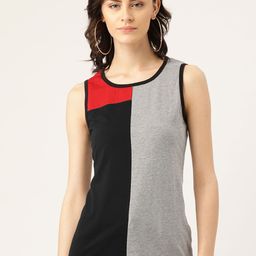 Rute Women Grey Melange & Black Colourblocked Round Neck T-shirt-image-82
