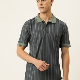 Campus Sutra Men Grey & Olive Green Striped Polo Collar T-shirt-image-82