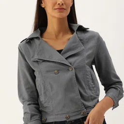 Campus Sutra Women Grey Solid Windcheater Denim Jacket-image-47