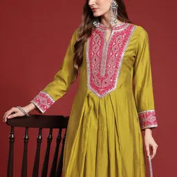 Indo Era Mirror Work Embroidered Pleated Work Kurta with Trousers-17