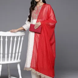 Inddus Ethnic Motifs Embroidered Chanderi Cotton Kurta With Palazzos & Dupatta-image-14